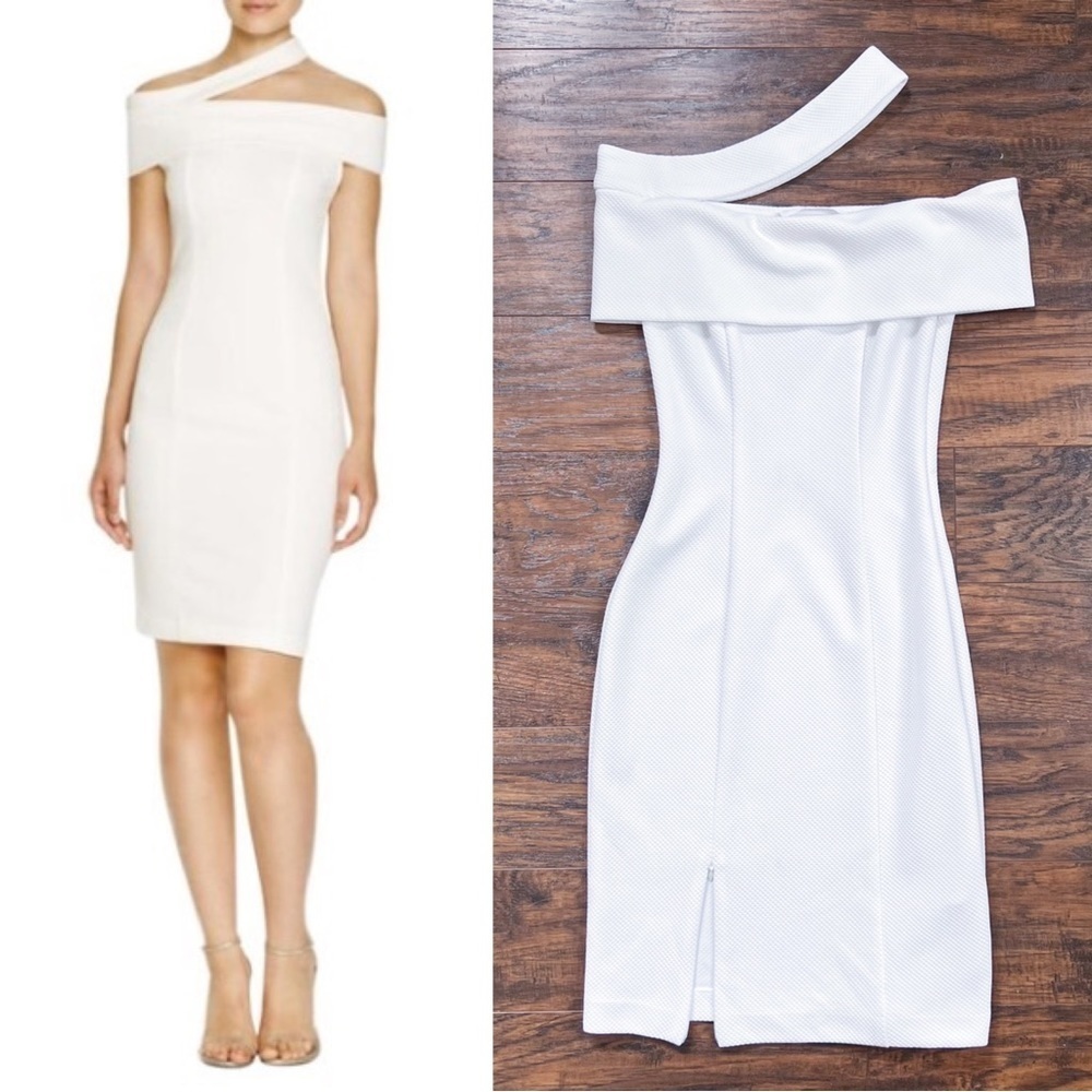 Nicholas Textured Ponti Off Shoulder Dress White Bodycon Asymmetrical Stretch